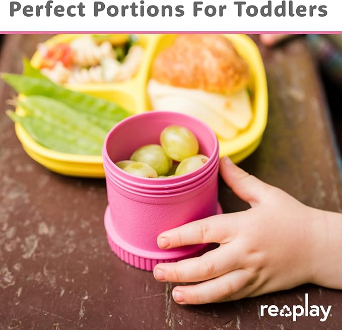Re-Play Snack Stack Toddler Containers, 2 Sets - Stackable Cups with Travel Lid & Strap for On-the-Go, BPA-Free, Made in USA, Bright Pink/Purple