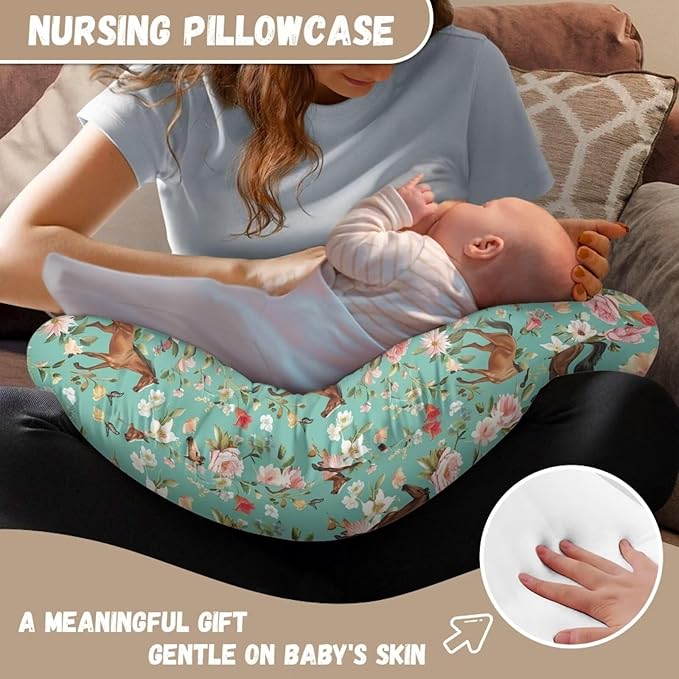 Flower Horse Nursing Pillow Cover for Girl Boy Breastfeeding Pillow Slipcovers Stretchable Newborn U-Shaped Breastfeeding Pillowcase Cushion Covers Vintage Green