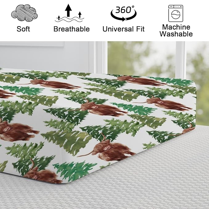 Highland Cows Forest Changing Pad Cover Cute Yak Winter Pine Trees Diaper Changing Table Cover Sheets for Boys Girls Soft Breathable Stretchy Fitted Changing Table Mats 32''x16''