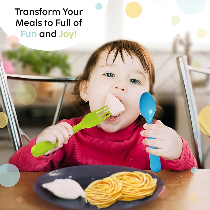PLASKIDY Plastic Kids Fork Set of 18 -Toddler Forks BPA Free/Dishwasher Safe Reusable Children's Fork Set - Brightly Colored Toddler Forks Cutlery Flatware Set