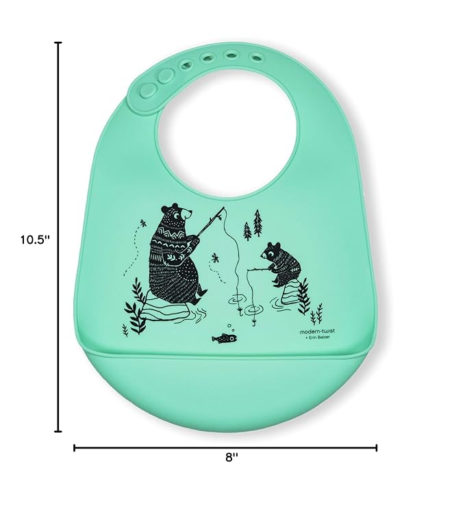 Modern Twist Bucket-Bib 100% Food-Grade Silicone, Waterproof and Reusable, Bear Family – Mint Green