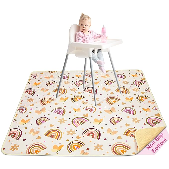 Basumee Splat Mat High Chair Mat Waterproof Baby Play Splat Mat for Under High Chair Food Catcher Highchair Mat for Floor Non Slip Bottom, Brown Rainbow, 46x42 Inches
