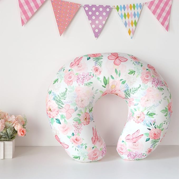 Nursing Pillow Cover 1 Pack, Removable Nursing Pillow Cover for Breastfeeding Pillows, Super Soft Comfortable Slipcover for Boy and Girls, Pink & Flowers
