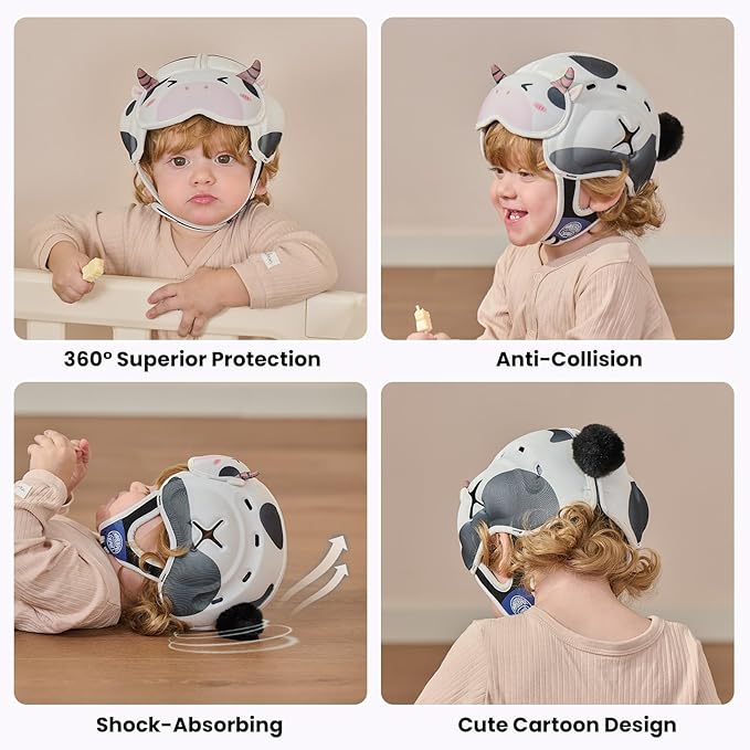 Baby Head Protector Baby Helmet for Crawling and Walking - No Bumps and Soft Safety Peak - Ultra Light and Adjustable Baby Head Protector Suitable for Babies 6-24 Months-Milky Cow