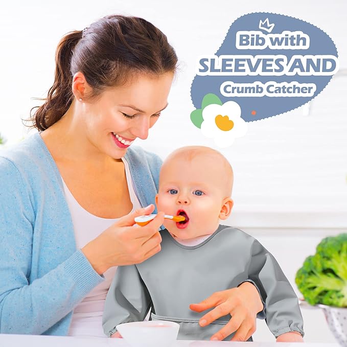 JaGely 4 Pack Long Sleeve Baby Bibs Waterproof Smock Bid with Elastic Cuffs Large Pocket for Baby Eating Feeding 6-36 Months