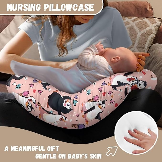 Cute Cartoon Penguin Pillow Cover for Newborn Feeding Pillow Cover U-Shaped Breastfeeding Pillow Case Hidden Zipper Design Soft and Skin-Friendly