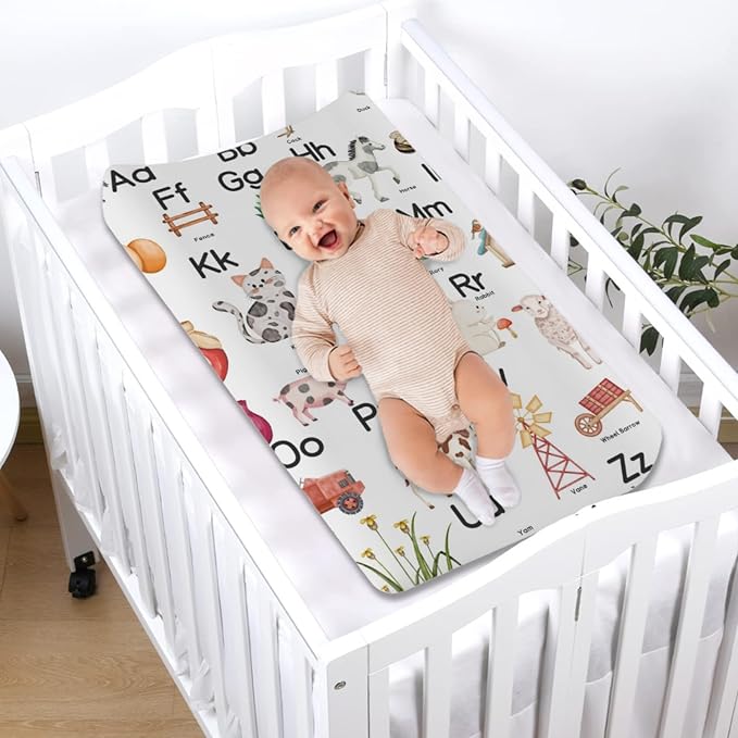 Funny Farmhouse Animals Life Changing Pad Cover Cute Farm Life ABC Learning Fitted Baby Changing Table Sheets for Boys Girls Soft Stretchy Diaper Changing Table Mats 32''x16''