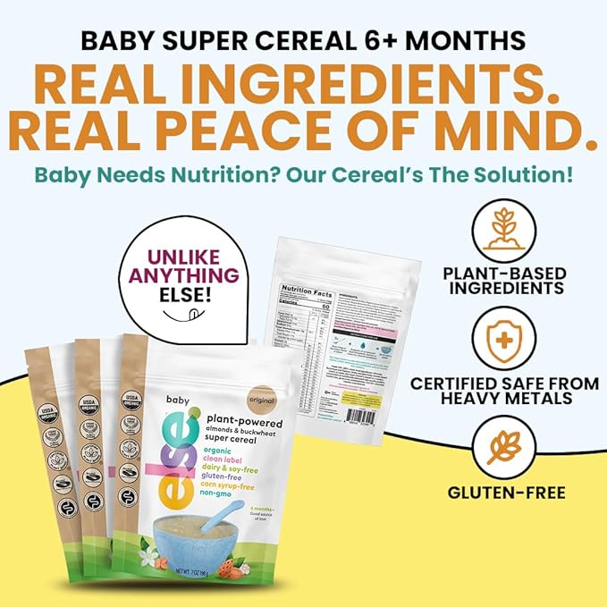 Else Nutrition Super Cereal For Babies 6 mo+, Made With Real Whole Plants for a Nutritionally Balanced meal, with gluten free carbs and plant protein (Vanilla, 6 Pack)