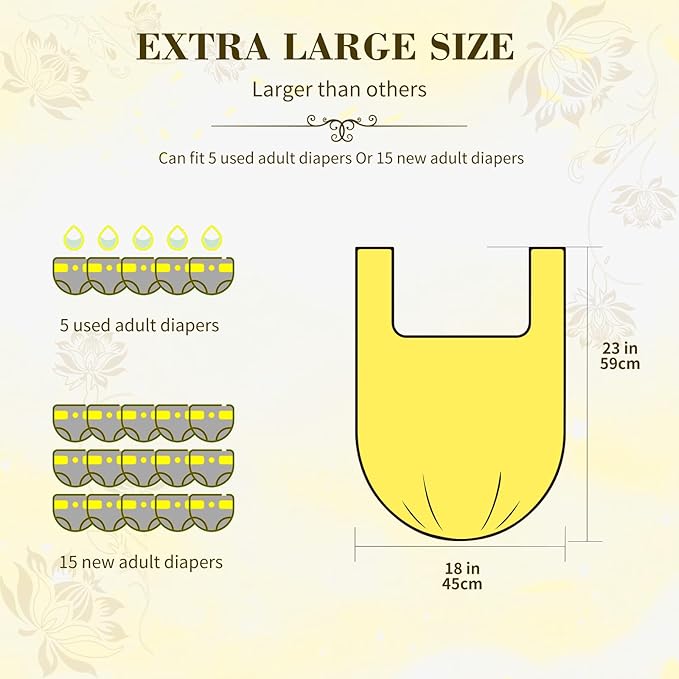 Large Adult Diaper Disposal Bags (18 x 23in), 96 Count, Lemon Scented, Waste Disposal for Elderly, Baby Diaper Trash Bags, Sanitary Products & Pet Waste Disposal, Yellow