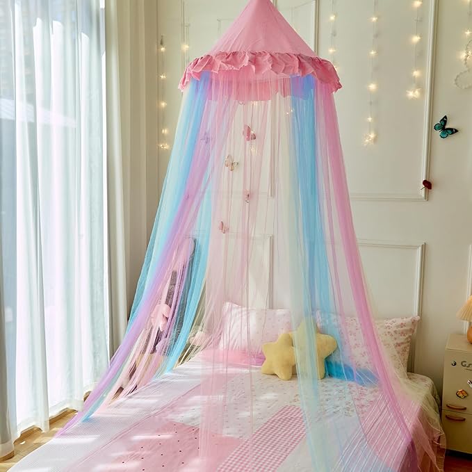 Pink Rainbow Bed Canopy Twin Size Breathable Canopy Bed Curtain for Bed,Princess Play Tent for Girls Bedroom Decoration Reading Nook