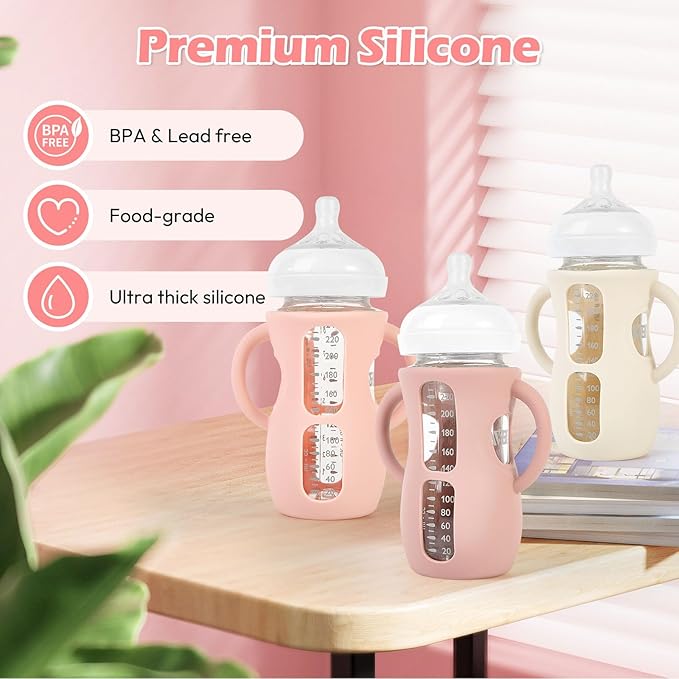 MINMUNJIU 3 Pack Silicone Sleeves for Philips Avent Natural Glass Baby Bottles, Anti Breakage Bottle Holder with Handle for Baby Girls, Compatible with Philips Avent Glass Natural Baby Bottle, 8oz