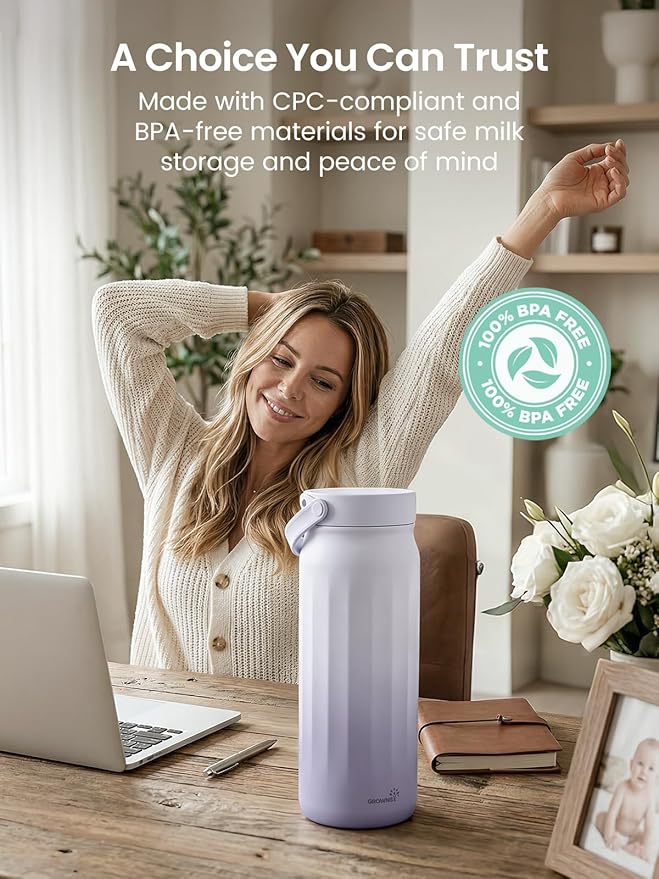 Grownsy 22oz Portable Breast Milk Cooler, 360° Stainless Steel Chiller Keeps Breastmilk Fresh for 24H, No Ice Crystals,Milk Cooler with 2 Baby Bottles for Work & Travel, Baby Breastfeeding Essential