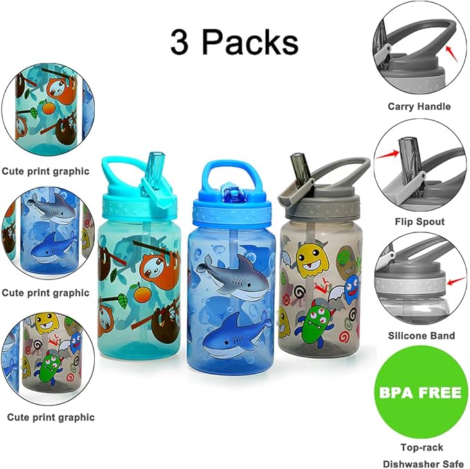 15oz Kids Water Drinking Bottle - BPA Free, Wide Mouth, Flip Straw Sip Lid, Easy Open, Lightweight, Leak-Proof Water Bottle Cute Design For Girls & Boys - 3 Pack Shark & Sloth & Monster
