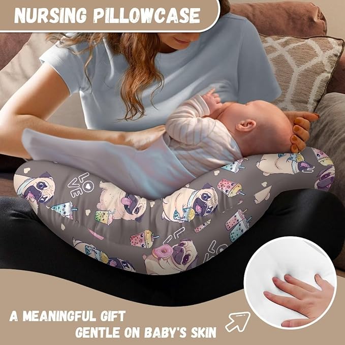 Pug Dog Nursing Pillow Cover Feeding Pillow Cover for Newborn Boys Girls Hidden Zipper Design Nursing Pillow Case U-Shaped Soft and Skin-Friendly