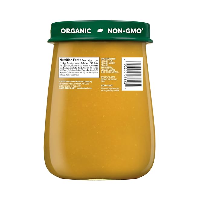 Beech-Nut Organic Baby Food Jars, Organic Pear Mango & Strawberry Baby Puree, Stage 2 for Babies 6 Months and Up, Non-GMO, 4oz Glass Baby Food Jars, 10ct