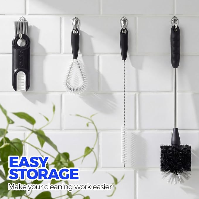 Holikme 4Pack Bottle Brush Set, 14" Long Handle Stainless Steel Bottle Brush, Straw Brushes, Cup Cleaner Brush, 3-in-1 Bottle Cleaning Brush for Water Bottle, Antistatic Lab Brushes, Straws Black