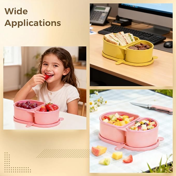 3 Pcs Silicone Double Compartment Snack Containers with Lids, 5.7 x 3.5 x 1.7 in Mini Food Storage Box, Portable Snackle Box for Condiments, Pink, Yellow, Green