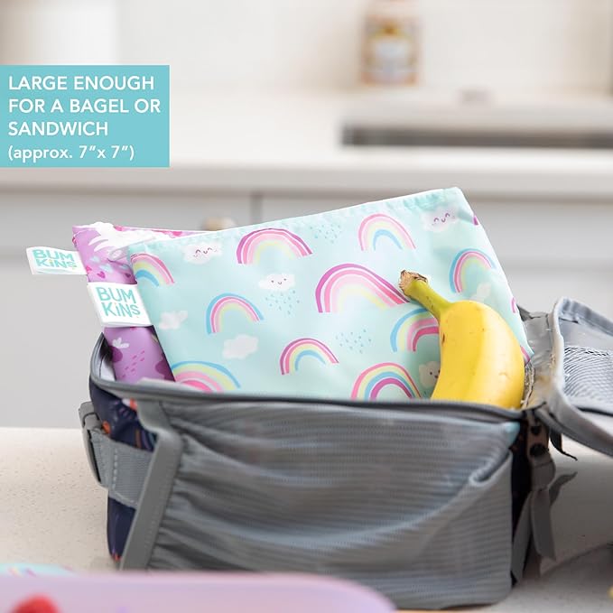 Bumkins Ruffle Apron Bib and 2-pack Sandwich Bags, Waterproof Fabric, Unicorns & Rainbows