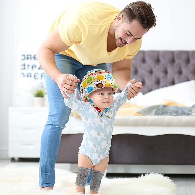 Geyoga 2 Pack Baby Head Protector with 2 Pair Toddler Knee Pads Baby Helmet for Crawling Walking Adjustable Soft Safety Headguard Toddler Protective Cap 6-12 Months 1-2 Years Old(Soccer, Owl Style)
