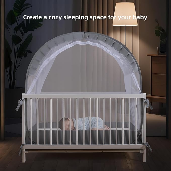 Lazyzzzz Crib Tent, Pop Up Mosquito Crib Net with Double Zipper Self-Locked,1200 Holes/Inch Mesh to Keep Baby from Climbing Out, Portable Easy Install Mosquito Net 55" L x 27" W x 51" H Grey
