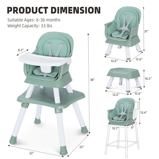 Baby High Chair, 8 in 1 Convertible Highchair, Booster Seat, Building Block/Activity Table, Stool, Feeding Chair with Dishwasher-Safe Tray, High Chairs for Babies and Toddlers (Green)