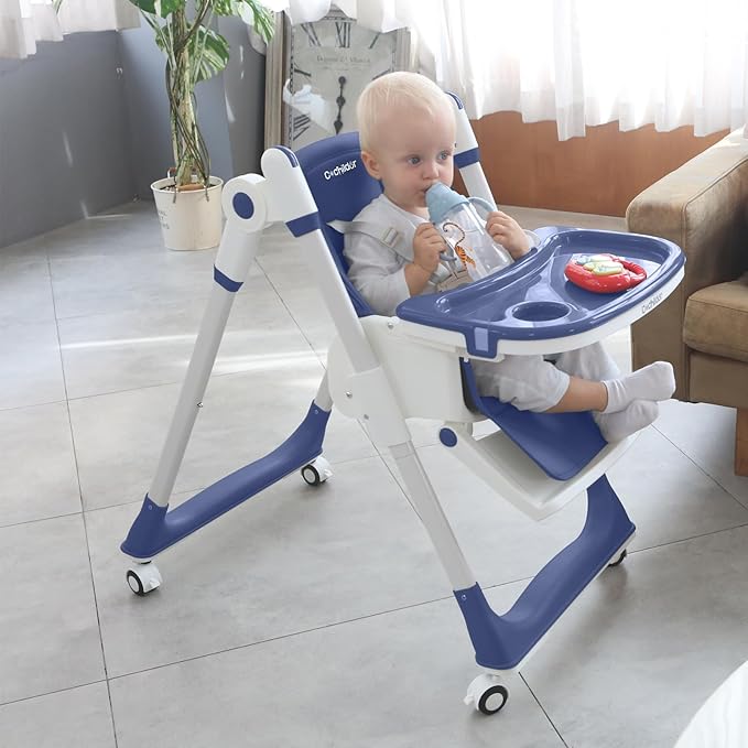 Cochildor 3-in-1 Foldable High Chair for Babies & Toddlers – Adjustable Height, Reclining Seat, 5-Point Safety Harness, Removable Tray, Lockable Wheels, Washable Cushion – Portable & Easy Clean, Blue