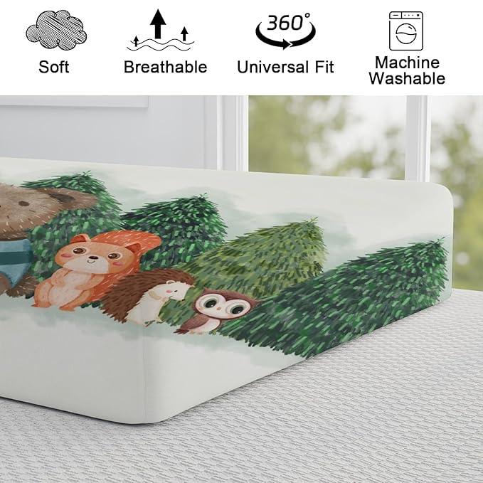 Cute Animals Green Pine Trees Baby Changing Pad Covers Bear Raccoon Squirrel Deer Rabbit Hedgehog Owl Diaper Change Table Cover Sheets for Boys Girls Soft Stretch Changing Table Mats 32''x16''