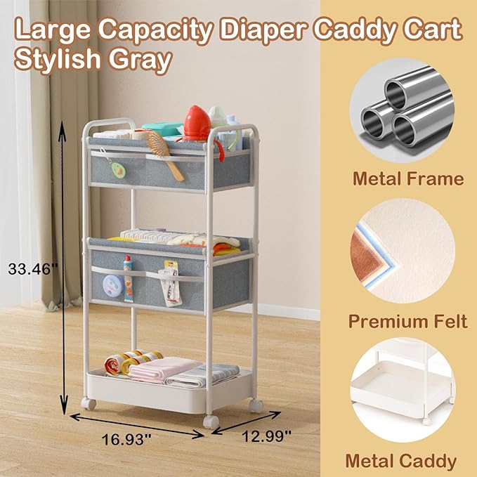 Baby Diaper Caddy, Premium Metal& Felt Movable Cart with Dividers for Newborn Nursery Essentials, Large Capacity Rolling Diaper Storage Caddy Organizer for Changing Table &Crib, Easy Assembly- Gray