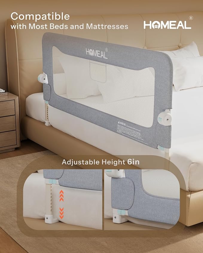 HOMEAL Bed Rail for Toddlers,32" x 26" Grey, Foldable Tall Baby Bed Rail Guard for Easy Use and Storage, U-Shaped Base Width Increased by 4", Suitable for Twin, Full, Queen, King Size Bed