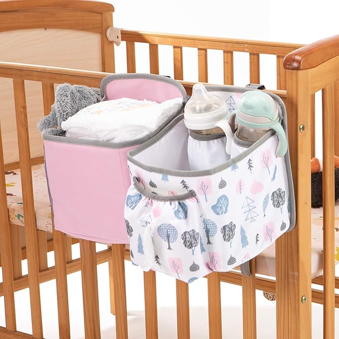 MOMIGO Baby Diaper Caddy Bag Stacker Organize - Nursery Storage Bin for Diapers, Wipes & Toys with Insulation Pocket - 2pcs Diaper Organizer for Crib Wall (Pink)