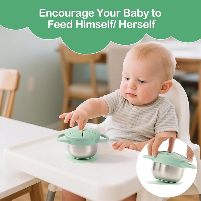 Daximo 2 Pack Toddler Snack Cups — 5-in-1 Snack Cups for Toddlers Spill Proof with Suction Cup and Anti-Loss Rope, Detachable Stainless Steel Cups with Silicone Lids & Handles (Blue and Green)