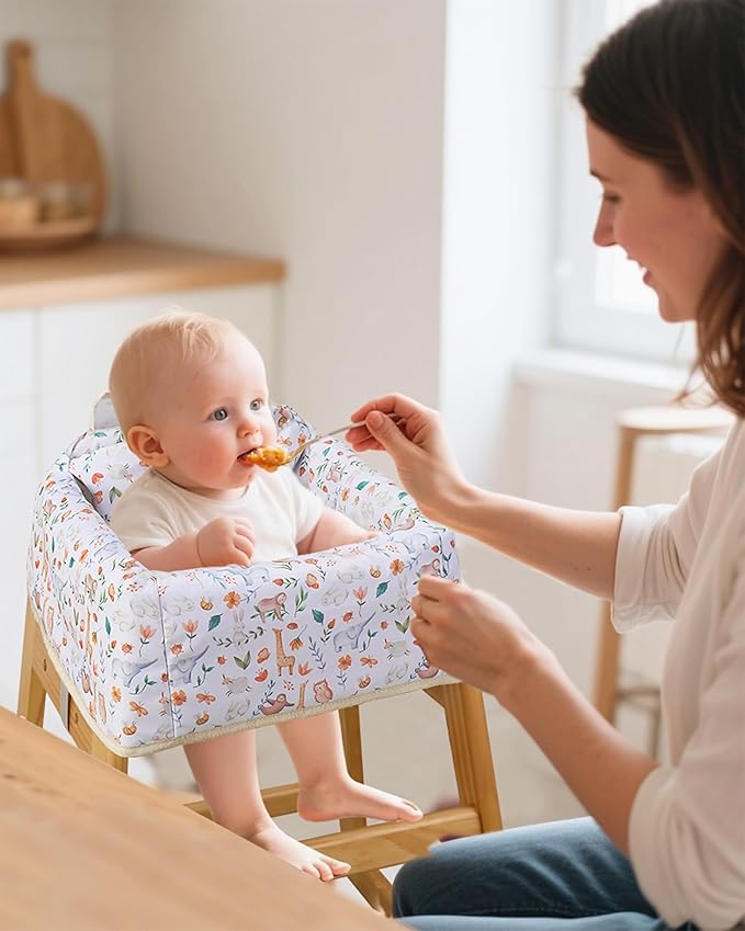 High Chair Cover Portable with 3-Point Harness, Waterproof Baby Seat Cover for Restaurant Travel Home Use, Machine Washable, Fits Wooden Chairs (Yellow Animal)
