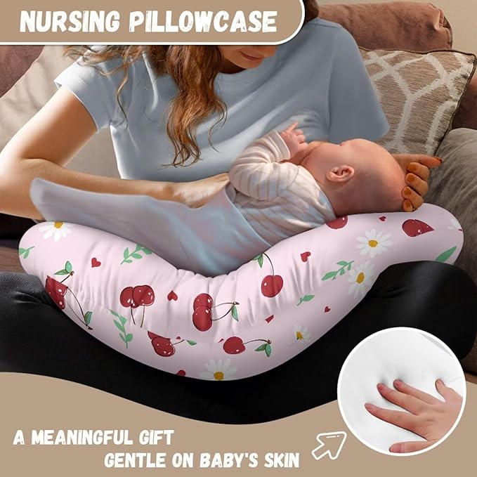 Cherry Nursing Pillow Cover for Baby Boy Girl Slipcover for Breastfeeding Pillows, Breastfeeding Pillow Cover Breathable and Washable