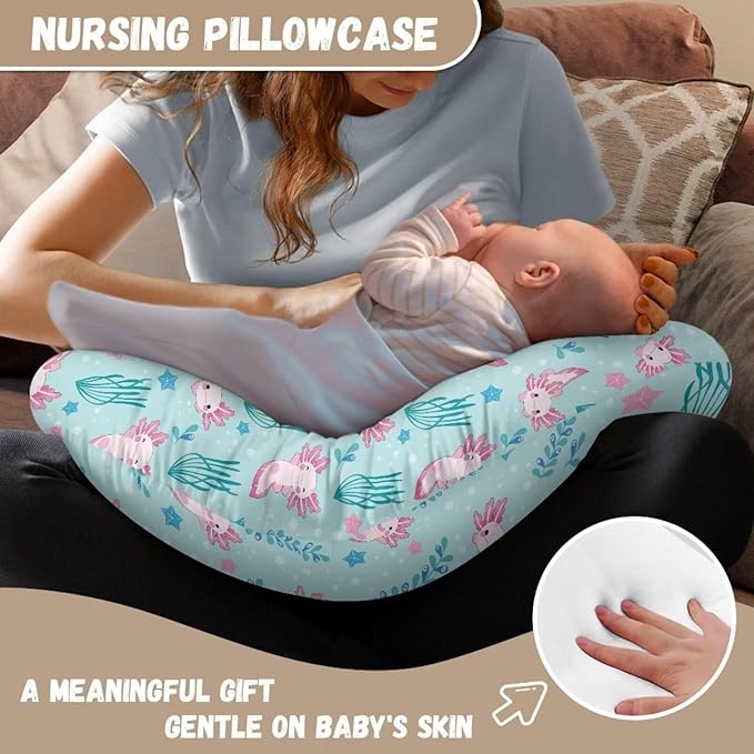 Blue Axolotl Feeding Pillow Cover Daisy Breastfeeding Pillow Slipcover for Newborn Girls Boys Soft Nursing Pillow Case Skin-Friendly U-Shaped Hidden Zipper Design