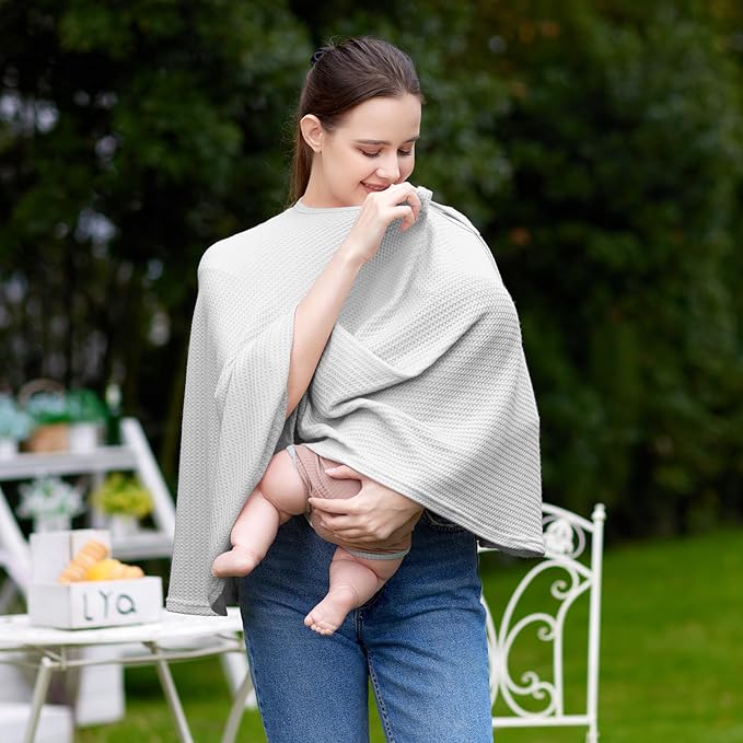 Knit Nursing Cover for Baby Breastfeeding, Breathable and Soft, Wide Neck with Stretch for Easy View (Grey)