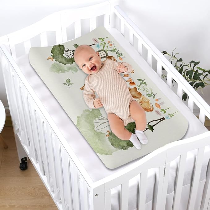 Cute Animals Forest Changing Pad Covers Bear Raccoon Fox Deer Rabbit Hedgehog Diaper Change Table Sheets for Boys Girls Soft Stretchy Baby Diaper Changing Table Mat Cover 32''x16''