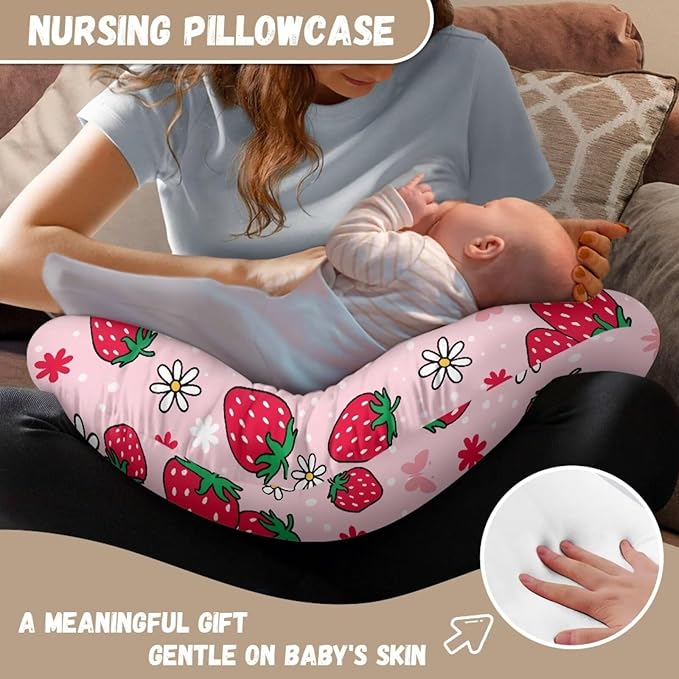 Pillow Cover Girls Baby, Breastfeeding Pillow Cover for Baby, Snug Fits Newborn Nursing Pillow Case, Super Soft Breathable, Pink Strawberry