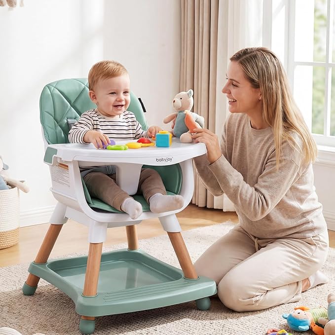 BABY JOY 8-in-1 High Chair, Convertible Wooden Highchairs for Babies and Toddlers | Dining Booster Seat | Toddler Stool, Double Removable Tray, 5-Point Safety Harness & Waterproof PU Cushion (Green)
