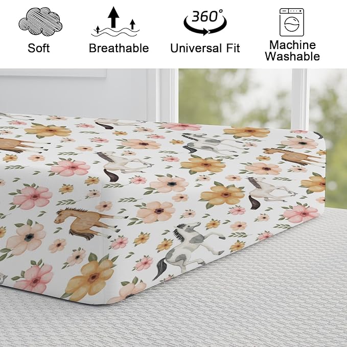 Watercolor Horse Boho Floral Changing Pad Cover Cute Horses Baby Diaper Change Table Pad Cover for Boys Girls Soft Breathable Stretch Snug Fitted Diaper Changing Mat Sheets Covers 32''x16'' White