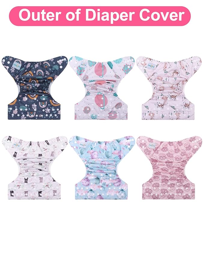 babygoal Cloth Diaper Covers 6 Pack with Wet Bag for Fitted Diapers and Prefolds with Double Gussets, Adjustable and Reusable for Baby Girls
