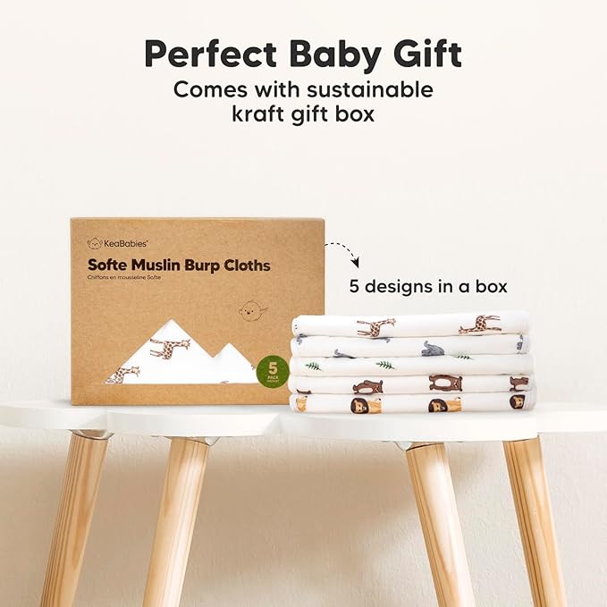 5-Pack Muslin Burp Cloths Baby Boy, Girl - Very Absorbent Baby Burp Cloth Rags, 8-Layers Viscose Derived from Bamboo Cotton Muslin Towel, Super Soft Spit Up Rags, No Shrink Washcloths (Hills)