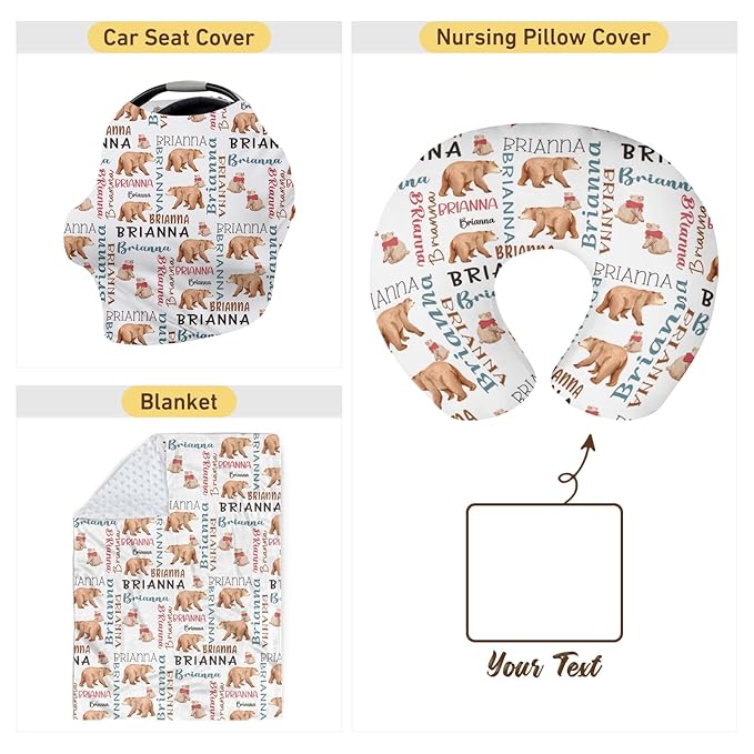 Baby Nursing Pillow Cover - Personalized Name Breastfeeding Pillow Cover with Bear Pattern, Stretchy Removable U-Shaped for New Moms, Soft Breathable Slipcover for Infant Boys Girls