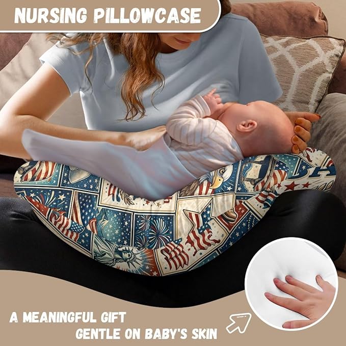 Jeiento US Flag Eagle Soft Nursing Pillow Covers America's 250 Years Anniversary Patriotic Breastfeeding Pillowcase Newborn U-Shaped Cushion Cover for Baby Girl and Boys Independence Day Decor