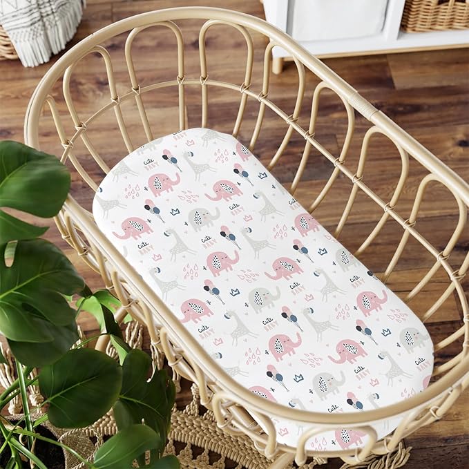 Stretch Fitted Bassinet Sheet Set BROLEX 2 Pack Cradle Sheets for Bassinet Pad/Mattress,Unisex Boys Girls,Ultra Soft,Elephant Rabbit