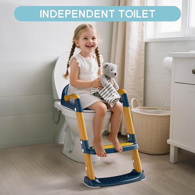 COOSEYA Potty Training Toilet with Step Stool Ladder, Toddler Kids Potty Training Seat for Boys Girls, Foldable Anti-Slip Toilet Toddler Seat Splash Guard Soft Cushion Safety Handles (Blue Yellow)