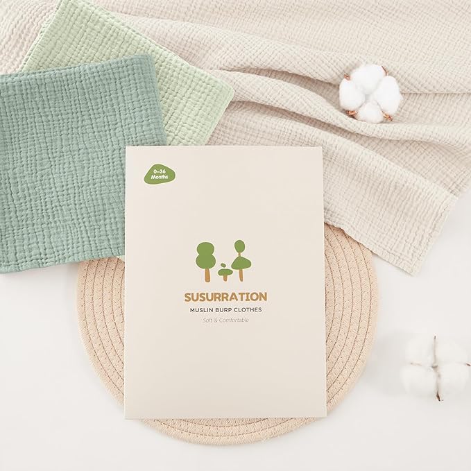 Susurration Muslin Burp Cloths 24x24 Inches Ultra Soft 100% Cotton, 4 or 7 Pack Baby Washcloths for Newborn, Absorbent Burp Rags & Swaddle Blankets