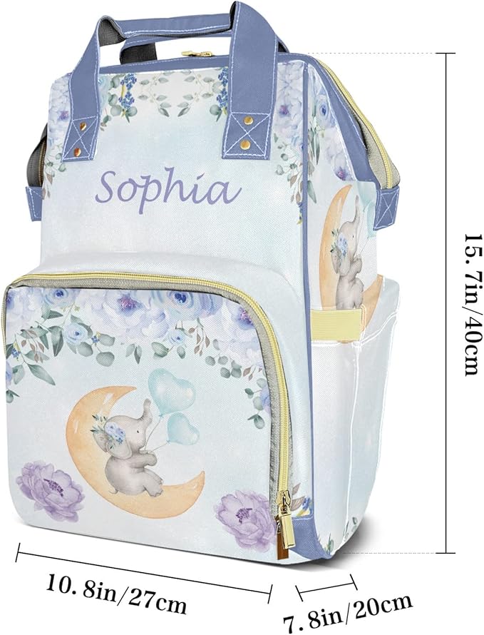 Watercolor Flower Elephant Diaper Bag Backpack Tote Custom with Name Multifunction Waterproof Travel Back Pack Diaper Bag Gifts Backpack for Men Women