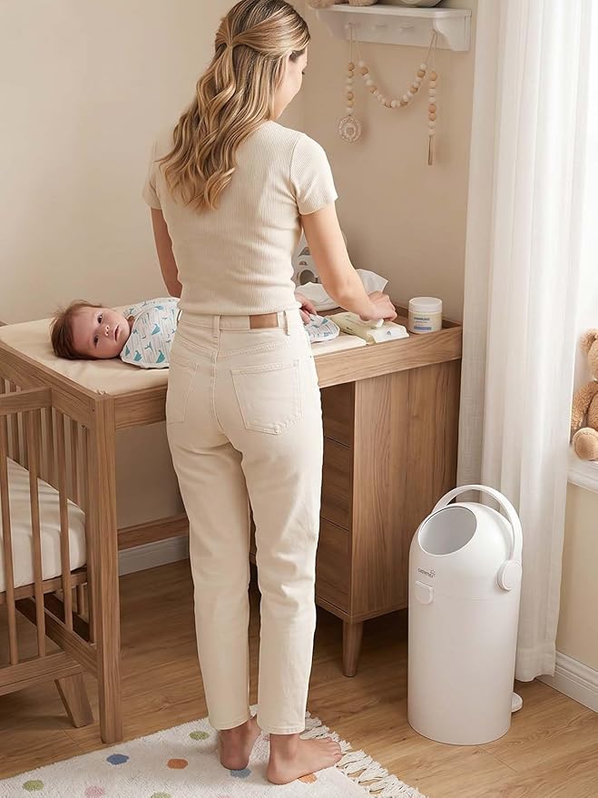 Grownsy Baby Diaper Pail, Odor-Locking Roll-Top Design, No Special Bag Required, One-Handed Use & Compact Design, Eco-Friendly Diaper Trash Can, Newborn Essentials, White