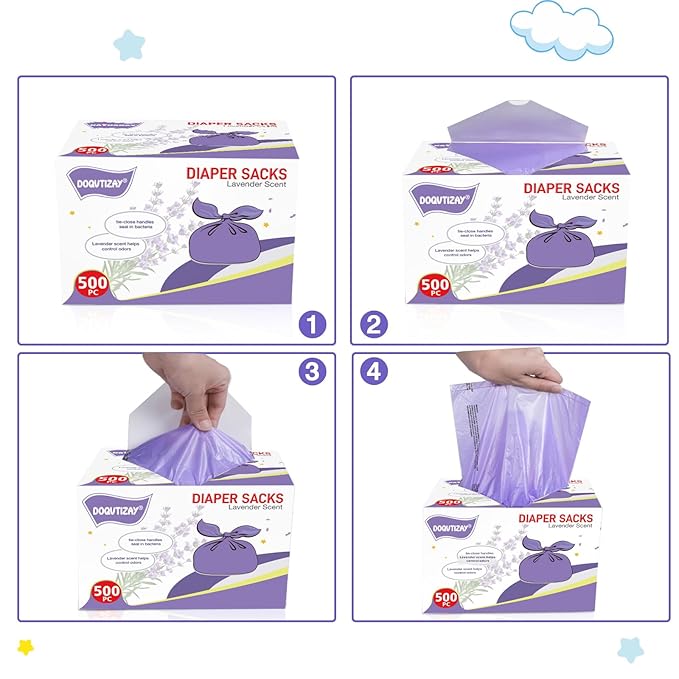 Baby Disposable Diaper Bags Easy-To-Tie Tabs Diaper Sacks with Lavender Scented Diaper Disposal or Pet Waste Bags (500 Count)
