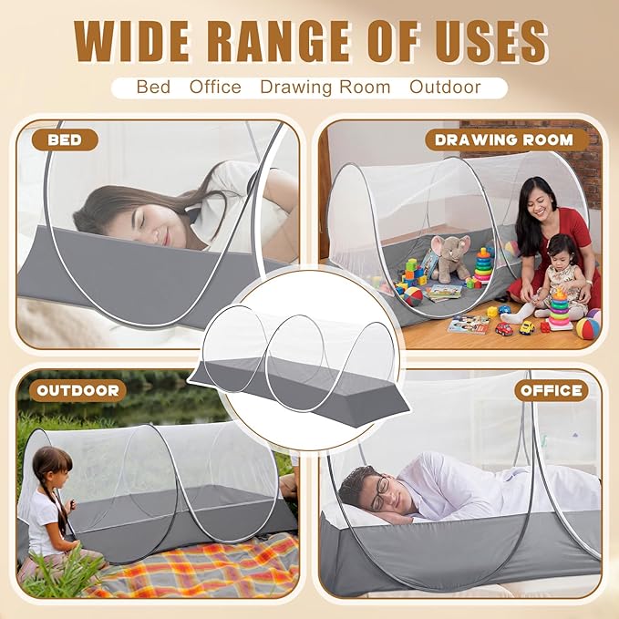 2 Pcs Large Pop up Mosquito Tent Portable Foldable Mosquito Bug Net for Bed Camping Travel Patio Outdoor 78 * 39 * 28 Inch Bug Netting Mesh Tent Canopy for Adults Bedroom, Grey